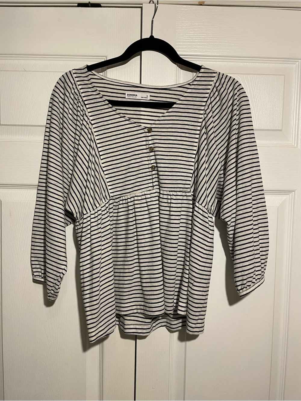 Sonoma Black and White Striped Henley Peasant Top